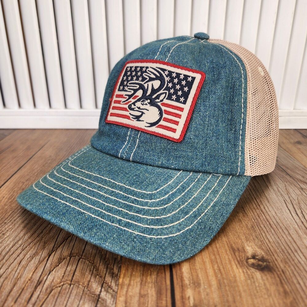 Legendary Whitetails Worn Look Trucker Hat Blue Mesh Back Flag Patch Snapback